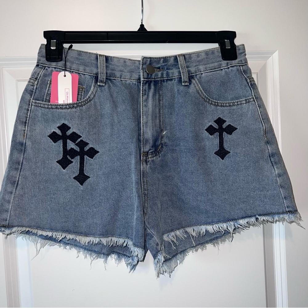 Cross Embroidery Denim Shorts